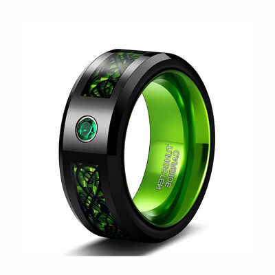 8MM Black Gun Plated Tungsten Wedding Band with Green Cubic Zirconia Inlay for Men and Women