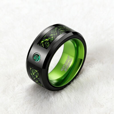 8MM Black Gun Plated Tungsten Wedding Band with Green Cubic Zirconia Inlay for Men and Women