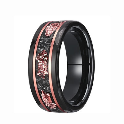 8mm Black Hammered Tungsten Wedding Band with Meteorite & Rose Gold Leaf Inlay - Scratch & Deformation Proof
