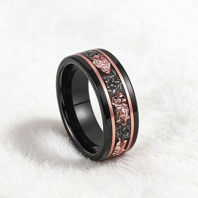 8mm Black Hammered Tungsten Wedding Band with Meteorite & Rose Gold Leaf Inlay - Scratch & Deformation Proof