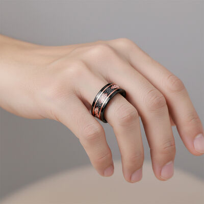 8mm Black Hammered Tungsten Wedding Band with Meteorite & Rose Gold Leaf Inlay - Scratch & Deformation Proof