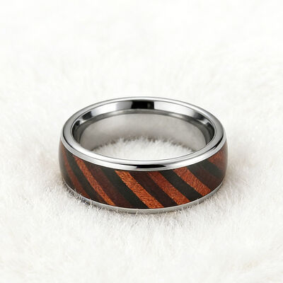 8mm Dome Silver Polished Tungsten Ring with Natural Wood Grain Inlay for Men Women Engagement Wedding Band