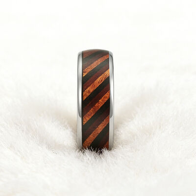 8mm Dome Silver Polished Tungsten Ring with Natural Wood Grain Inlay for Men Women Engagement Wedding Band