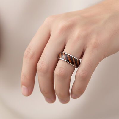 8mm Dome Silver Polished Tungsten Ring with Natural Wood Grain Inlay for Men Women Engagement Wedding Band