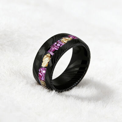 8mm Black Damascus Steel Ring with Amethyst & Gold Leaf Inlay - Stylish Wedding Band for Men and Women