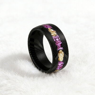 8mm Black Damascus Steel Ring with Amethyst & Gold Leaf Inlay - Stylish Wedding Band for Men and Women