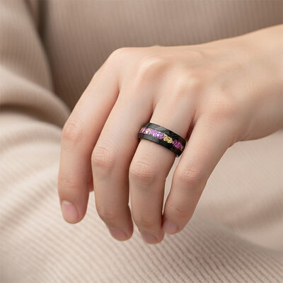 8mm Black Damascus Steel Ring with Amethyst & Gold Leaf Inlay - Stylish Wedding Band for Men and Women