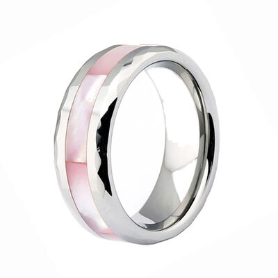 8mm Silver Plated Tungsten Carbide Ring with Pink Shell Inlay for Men and Women Wedding Band