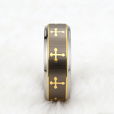 Wholesale Silver Plated Tungsten Ring with Laser Crosses Engraved and Channel Setting Inlay for Men's Wedding Band