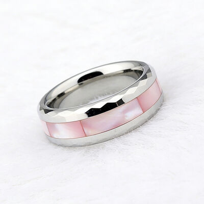 8mm Silver Plated Tungsten Carbide Ring with Pink Shell Inlay for Men and Women Wedding Band