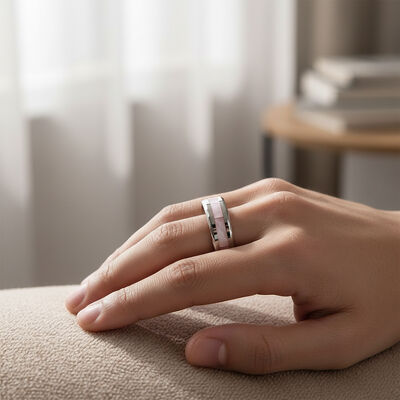 8mm Silver Plated Tungsten Carbide Ring with Pink Shell Inlay for Men and Women Wedding Band