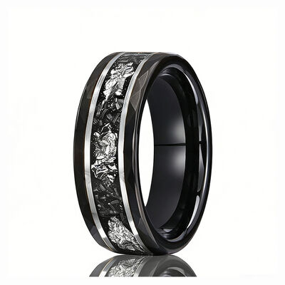 8MM Black Tungsten Wedding Band with Meteorite Inlay for Men and Women - Scratch-Resistant and Trendy