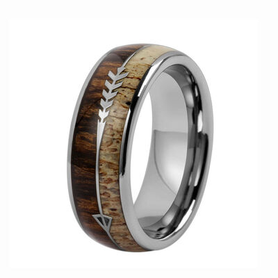 Men's Tungsten Ring with Deer Antler & Koa Wood Inlay and Silver Arrow Design for Wedding and Party