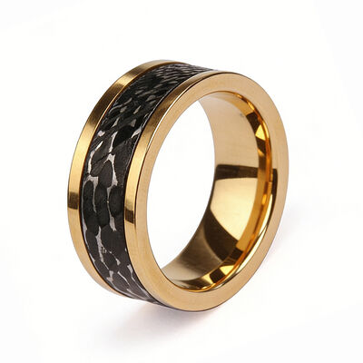 Custom 8mm Two Tone Damascus Steel Wedding Band with Gold Inlay for Men and Women
