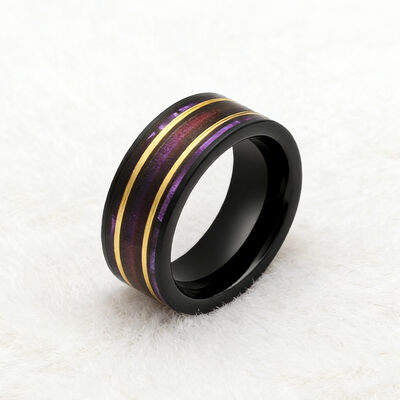 Flat Black Tungsten Ring with Purple Shimmer-Sand Base and Gold Inlay for Men and Women