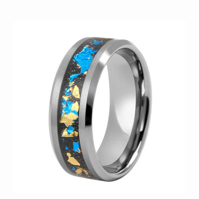 Custom Beveled Edges Tungsten Ring with Gold Foil Leaf Laser Engraving and Sandstone Inlay for Men's Wedding Bands