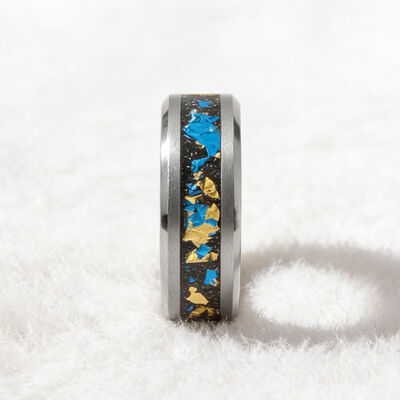 Custom Beveled Edges Tungsten Ring with Gold Foil Leaf Laser Engraving and Sandstone Inlay for Men's Wedding Bands