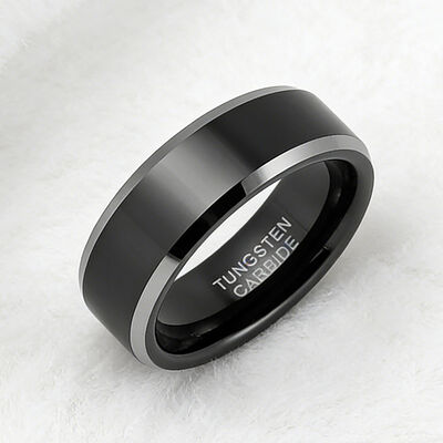 8MM Black Tungsten Wedding Band Ring with Silver Beveled Edge for Men and Women