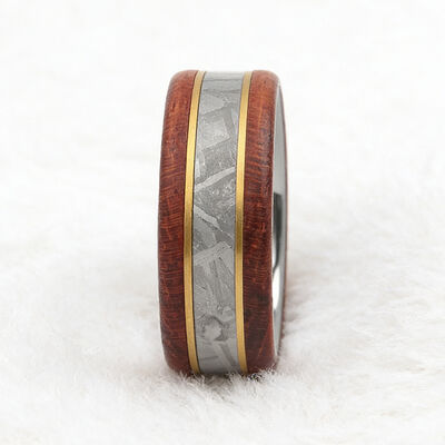 8mm Width Tungsten Wedding Band with Muonionalusta Meteorite and Koa Wood Inlay for Men and Women