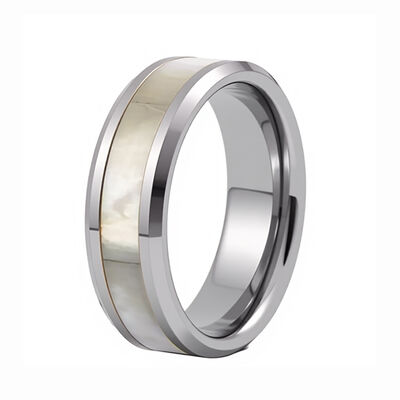 Silver Plated Tungsten Wedding Band Ring with Natural White Geometric Line and Beveled Edge Inlay for Men and Women