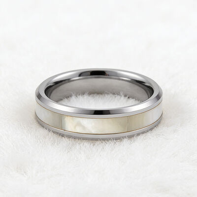 Silver Plated Tungsten Wedding Band Ring with Natural White Geometric Line and Beveled Edge Inlay for Men and Women