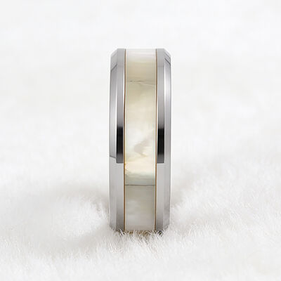 Silver Plated Tungsten Wedding Band Ring with Natural White Geometric Line and Beveled Edge Inlay for Men and Women