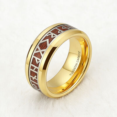 24K Gold Plated Tungsten Wedding Band with Viking Rune & Hawaii Koa Wood Inlay - Scratch & Deformation Proof