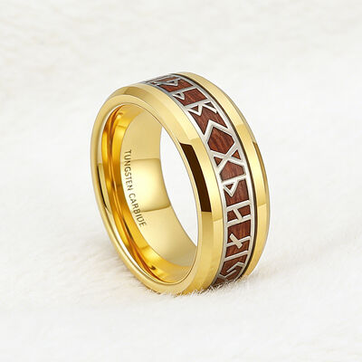 24K Gold Plated Tungsten Wedding Band with Viking Rune & Hawaii Koa Wood Inlay - Scratch & Deformation Proof
