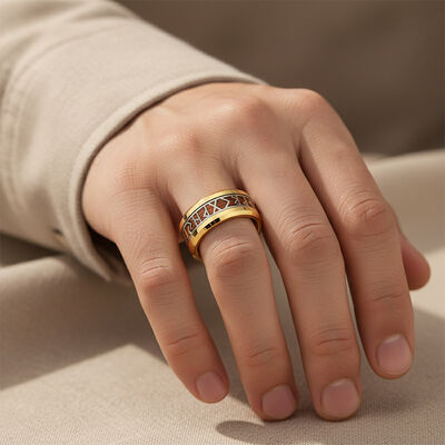 24K Gold Plated Tungsten Wedding Band with Viking Rune & Hawaii Koa Wood Inlay - Scratch & Deformation Proof