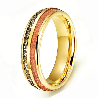 Custom Gold Polished Tungsten Wedding Band with Red Sandstone Inlay and German Glass