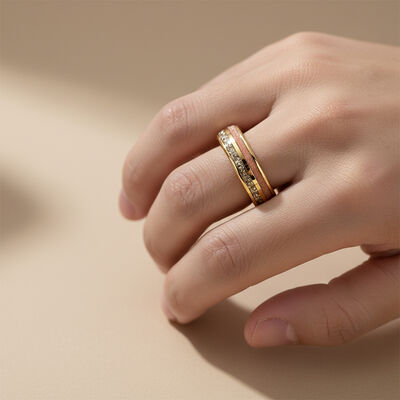 Custom Gold Polished Tungsten Wedding Band with Red Sandstone Inlay and German Glass