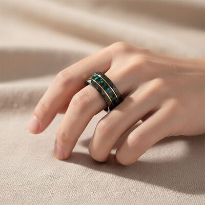 8mm Black Plated Tungsten Wedding Band Ring with Opal Gemstone for Men and Women