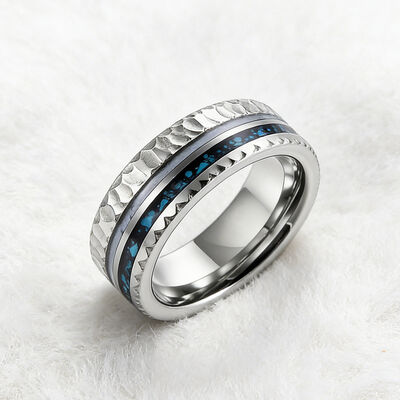 8mm Silver Plated Tungsten Wedding Band Ring with Antler Crushed Turquoise Inlay for Men's Engagement