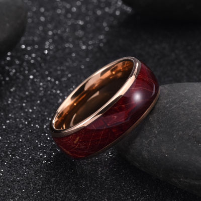 8mm High Polished Rose Gold Tungsten Carbide Ring Red Box Elder Wood Inlay Dome  Edges Comfort Fit