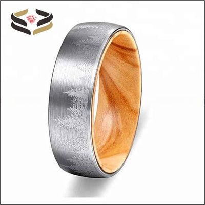 8mm Silver Tungsten Ring showcasing Olive Wood Interior and Forest Laser Engraved Design for Wedding or Gift Material Type Other