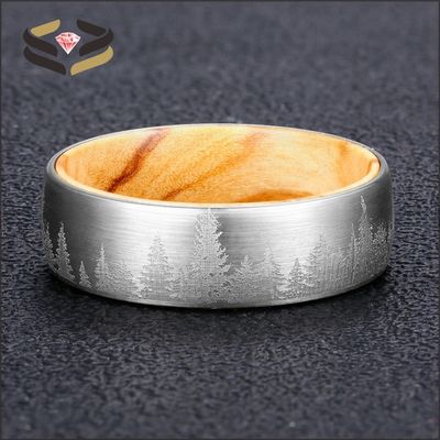 8mm Silver Tungsten Ring showcasing Olive Wood Interior and Forest Laser Engraved Design for Wedding or Gift Material Type Other