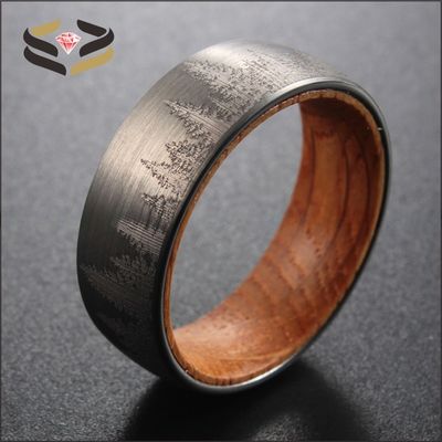 8mm Silver Tungsten Ring showcasing Olive Wood Interior and Forest Laser Engraved Design for Wedding or Gift Material Type Other