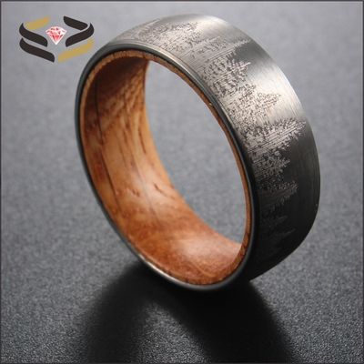8mm Silver Tungsten Ring showcasing Olive Wood Interior and Forest Laser Engraved Design for Wedding or Gift Material Type Other