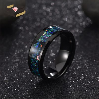 Galaxy Opal Inlay Black Tungsten Wedding Ring for Men Comfort Fit Beveled Edges and Trendy Style
