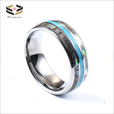 Third Party Appraisal Certified 8mm Abalone Shell Turquoise Inlay Tungsten Silver Wedding Band for Men