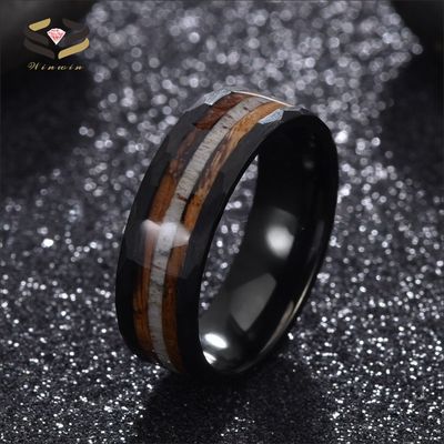 Geometric 8mm Black Tungsten Ring with Deer Antler and Whiskey Barrel Wood Inlay The Ultimate Wedding Band Choice