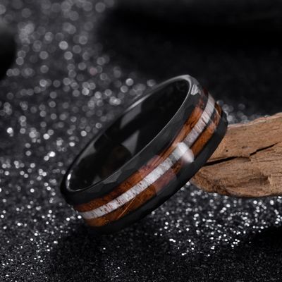 Geometric 8mm Black Tungsten Ring with Deer Antler and Whiskey Barrel Wood Inlay The Ultimate Wedding Band Choice