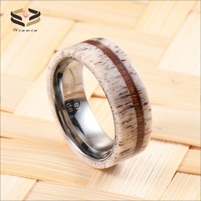 Geometric 8mm Antler Wedding Band With Koa Wood Men's Tungsten Wedding Band Ideal Gift for Special Occasions