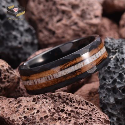 Geometric 8mm Black Tungsten Ring with Deer Antler and Whiskey Barrel Wood Inlay The Ultimate Wedding Band Choice