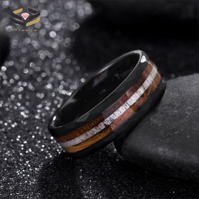 Geometric 8mm Black Tungsten Ring with Deer Antler and Whiskey Barrel Wood Inlay The Ultimate Wedding Band Choice