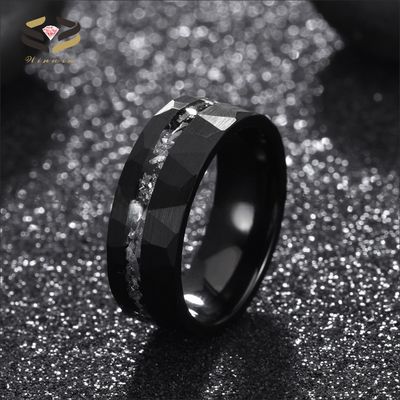 Fashion Jewelry Rings 8mm Silver Black Hammered Brushed Tungsten Ring with Meteorite Shaving Inlay Men's Wedding Band