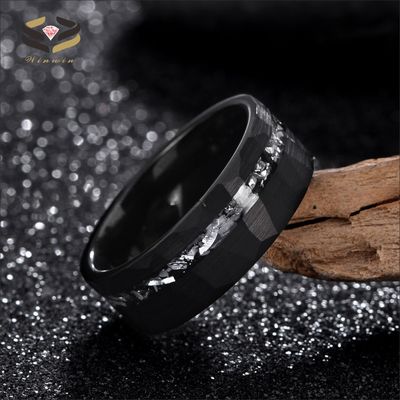 Fashion Jewelry Rings 8mm Silver Black Hammered Brushed Tungsten Ring with Meteorite Shaving Inlay Men's Wedding Band