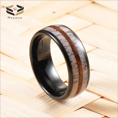 Stunning Men's Wedding Band with Antler and Koa Wood Inlay Comfort Fit 8mm Black Tungsten