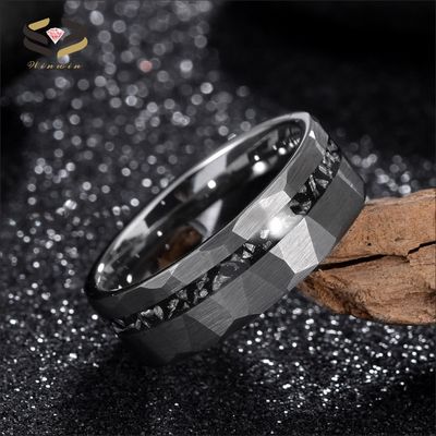 Fashion Jewelry Rings 8mm Silver Black Hammered Brushed Tungsten Ring with Meteorite Shaving Inlay Men's Wedding Band