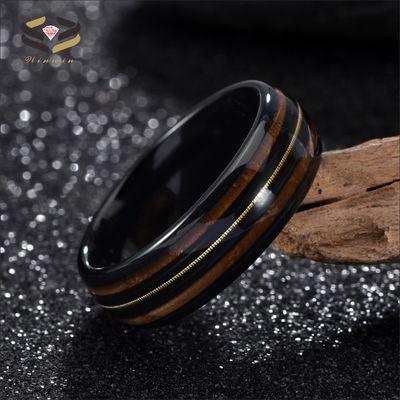 High Polished Finish Black Tungsten Carbide Ring with Whiskey Barrel Wood Gold Guitar String Inlay TRENDY Geometric Shape